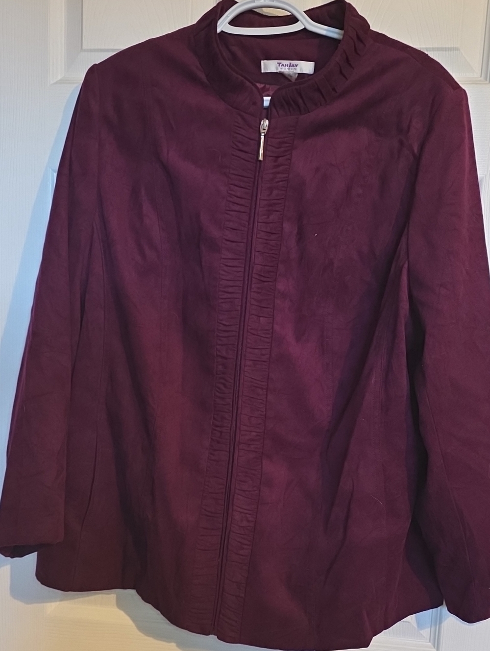 TanJay Burgundy Zip-Front Ruffle-Trim Jacket